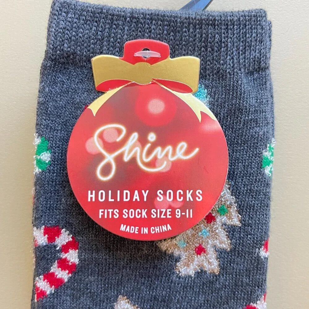 New Shine Socks Christmas Tree Holiday Candy Cane Charcoal Gray NWT